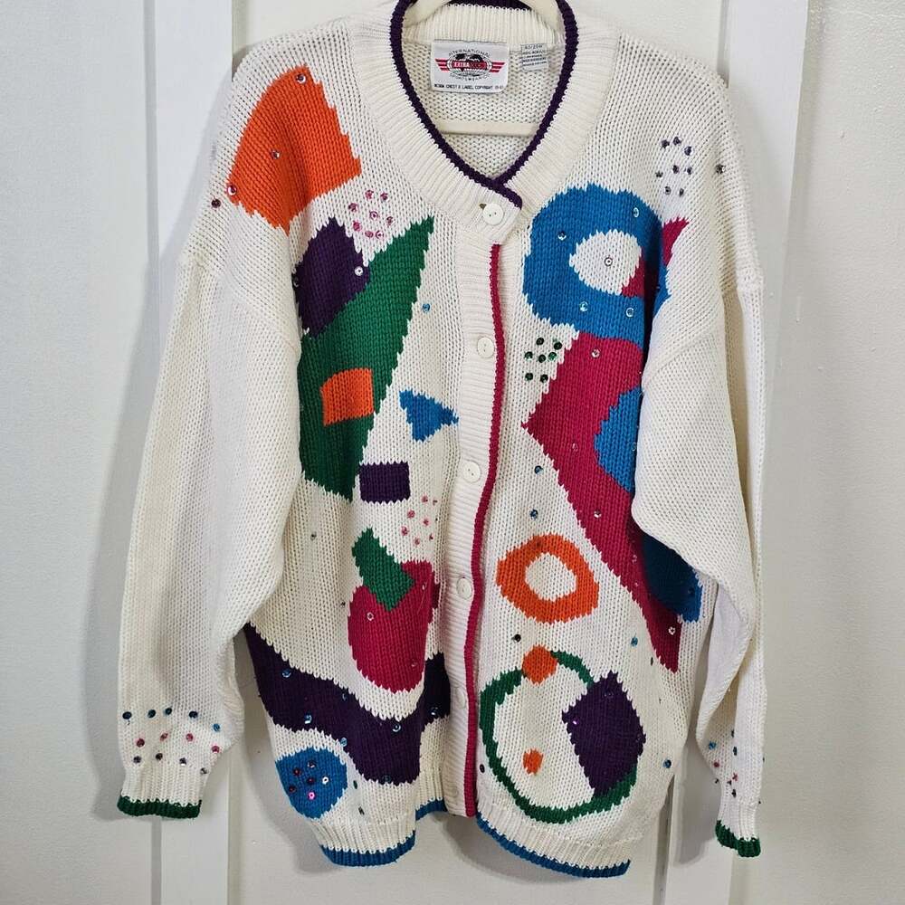 Vintage Extra Touch Cardigan Sweater 20W Abstract Sequin Art to Wear 80s 90s